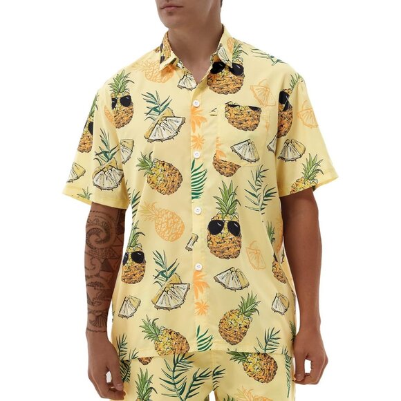 Men Yellow Hawaiian Shirt Pineapple Print Short Sleeve Button Up Casual Top - Picture 8 of 8